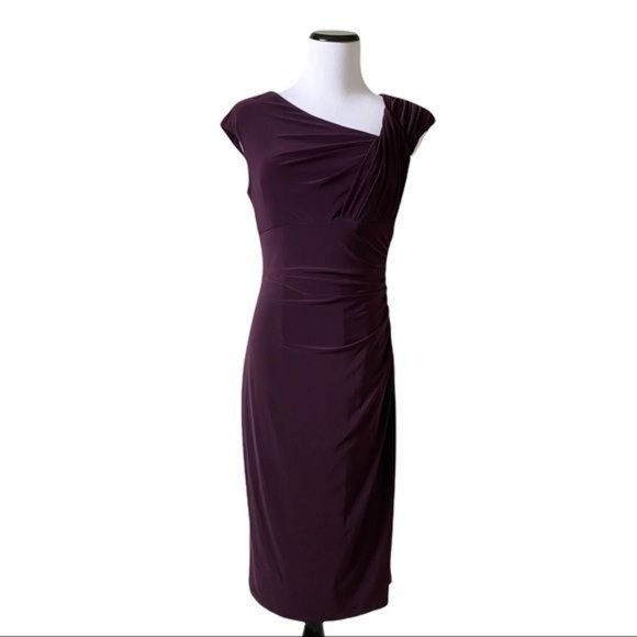 LAUREN RALPH LAUREN Sz 4 Purple Draped Ruched Surplice Dress Cap Sleeves - Picture 2 of 13
